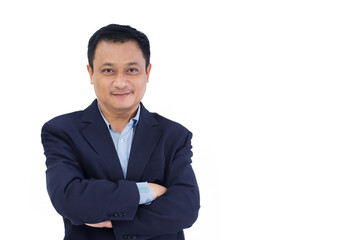 Professional adult Asian business man in blue shirt and suit standing with arms crossed confidently and smile isolated on white background.