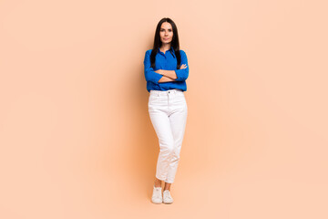 Fototapeta na wymiar Full length photo of successful confident lady marketer boss hands crossed dressed stylish blue clothes isolated on beige color background