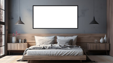 Blank horizontal decorative art transparent frame mock-up in scandinavian style, sleeping room  background