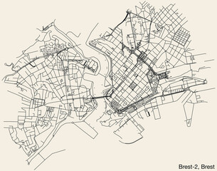 Fototapeta na wymiar Detailed hand-drawn navigational urban street roads map of the BREST-2 CANTON of the French city of BREST, France with vivid road lines and name tag on solid background