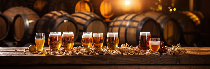 Beer glasses on wooden table and Beer barrel background
