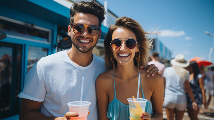 Young couple drinking fresh smoothie on the street. Generative Ai