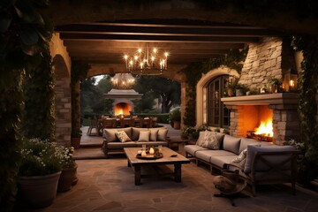 A cozy and inviting outdoor living room with a warm ambiance, Generative Ai