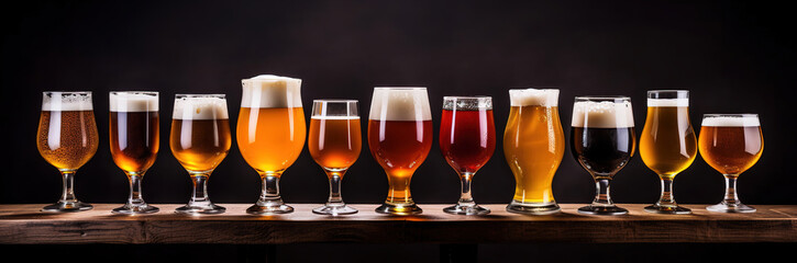 Glasses with different sorts of craft beer on black background