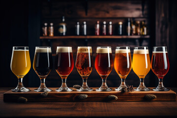 Glasses with different sorts of craft beer on bar. Closeup of on glasses of different types of draught beer in a pub.