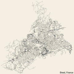 Detailed hand-drawn navigational urban street roads map of the French city of BREST, FRANCE with solid road lines and name tag on vintage background