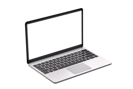 Hovering aluminium laptop with blank screen and new design, isolated background
