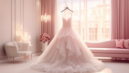 Closeup pink wedding dress in bridal room background. Banner. Front view of stylish dress for wedding day. Beautiful clothes for bride. Copy Space. Ai generative