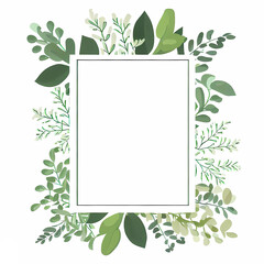 Watercolor geometrical frame with greenery leaves branch twig plant herb flora isolated on white background. Generative AI.
