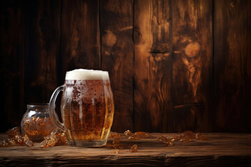 Mug of beer and beer barrels on a wooden background