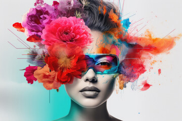 Portrait of woman in blue sunglasses and flower splash