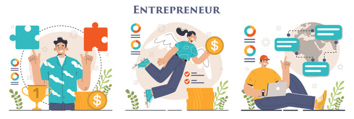 Entrepreneur set. Successful business leader launching and managing