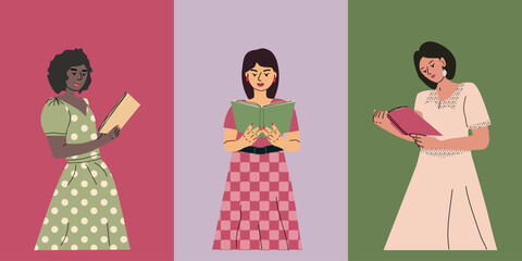 set of reading girls in retro style dresses