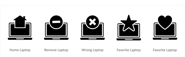 A set of 5 Internet icons as home laptop, remove laptop, wrong laptop