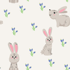 Pattern with cute bunny and flowers. Perfect for printing, textiles, wrapping paper. Vector illustration