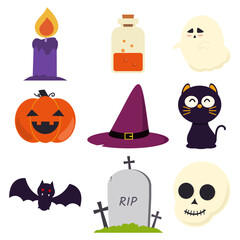 Halloween set of illustrated vector elements. Pumpkin, witch's hat, cat, bat, ghosts, skull, tomb, magic potion, candle.