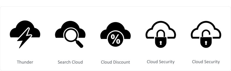 A set of 5 Internet icons as thunder, search cloud, cloud discount