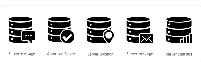 A set of 5 Internet icons as server message, approved server, server location