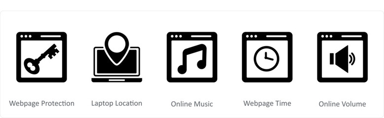 A set of 5 Internet icons as webpage protection, laptop location, online music