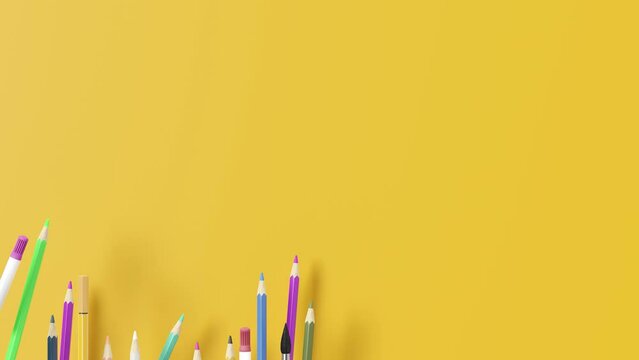 Colorful school stationery, supplies on yellow background with copy space. Bottom border. Applicable for announcements, advertising. Education, daycare, preschool. Back to school shopping, sale. 3D.