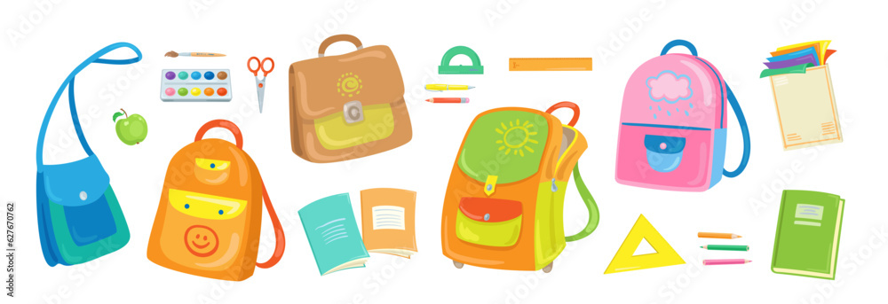 Wall mural Collection of colorful school bags and supplies. In cartoon style. Isolated on white background. Vector flat illustration