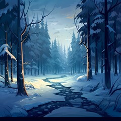 a cartoon painting of a winter forest path at night