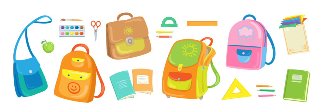 Collection of colorful school bags and supplies. In cartoon style. Isolated on white background. Vector flat illustration