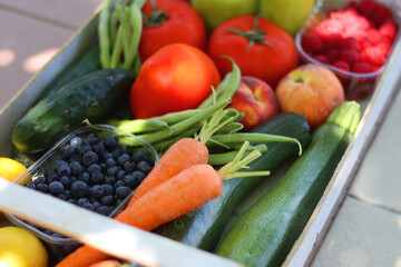 Wooden crate full of healthy seasonal fruit and vegetable, in the garden. Selective focus.