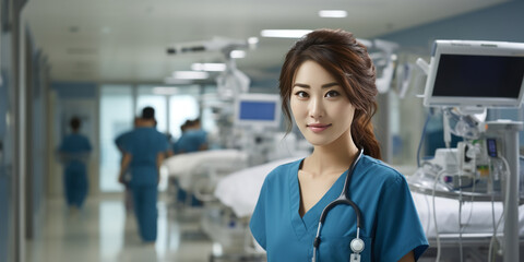 Obraz premium Portrait of Young asian female doctor on modern clinic background.Healthcare people group. Professional doctor working in hospital office or clinic with other doctors