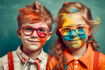 Obraz premium two funny schoolkids boy and girl in glasses with colorful paint on the skin