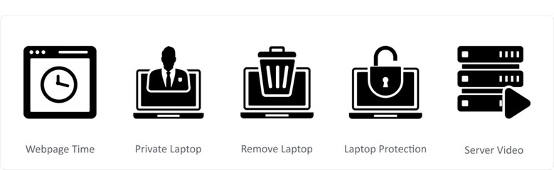 A set of 5 Internet icons as webpage time, private laptop, remove laptop