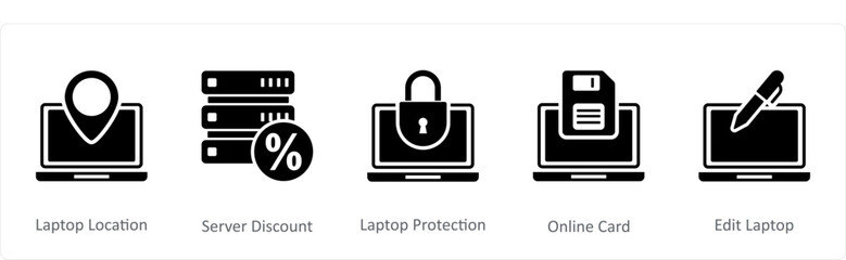 A set of 5 Internet icons as laptop location, server discount, laptop protection