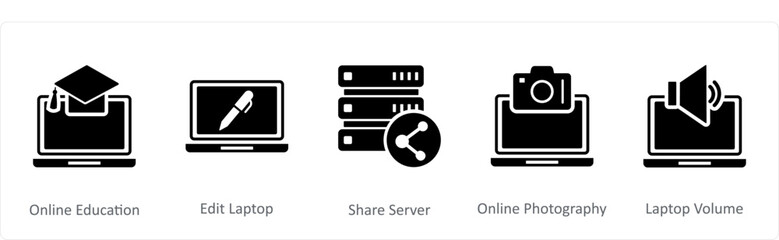 A set of 5 Internet icons as online education, edit laptop, share server