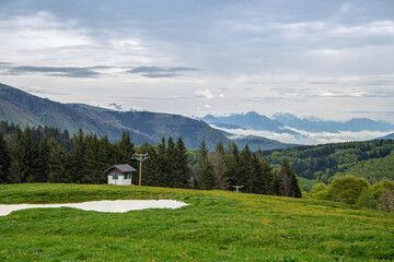 mountain with magnificent morning fog .