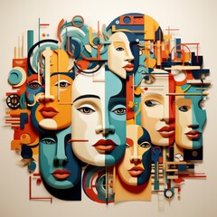 abstract human face with different emotions on colorful background.
