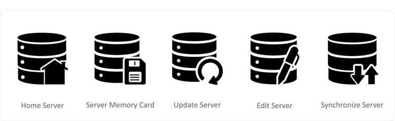 A set of 5 Internet icons as home server, server memory card, update server