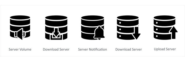 A set of 5 Internet icons as server volume, download server, server notification