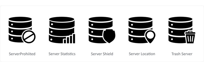A set of 5 Internet icons as server prohibited, server statistics, server shield