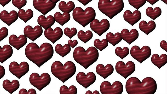 Falling red hearts on white background