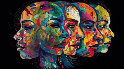 Colorful portrait of a woman with different emotions on her face.