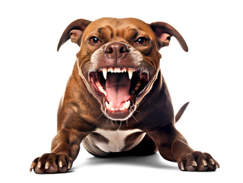 dangerous pit bull dog showing fangs on isolated background, generative ai