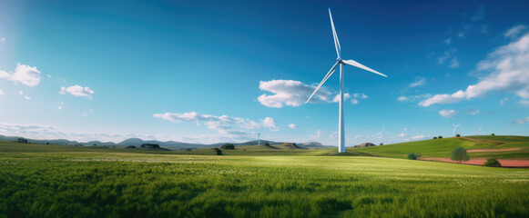 Group of windmills for electric power production in the green field of wheat.Wind turbines on the mountain