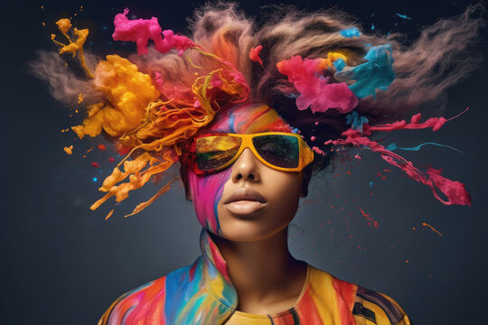 Portrait of an African American woman in sunglasses with a splash of colorful paint