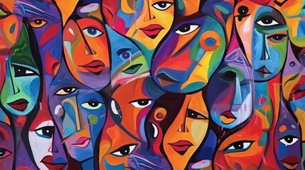 abstract colorful portrait of a group of people with different skin color