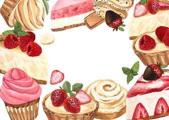 Watercolor frame dessert, piece of cheesecake with fresh strawberries. Hand-drawn illustration isolated on white background. Perfect food menu, food drawing, design packing, print