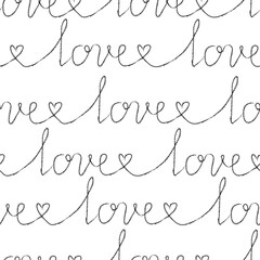 Seamless pattern with abstract love text and hearts in one line. Hand drawn ink print for fabric, textiles, wrapping paper. Vector illustration