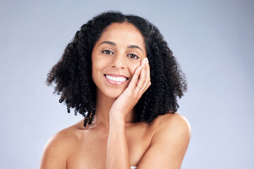 Smile, skincare and portrait of woman on a studio background for beauty or natural spa. Happy,...