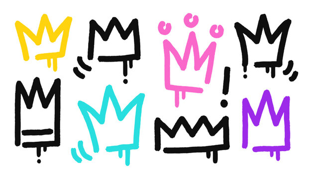 Graffiti crown set. Black and color elements isolated on white background. Vector illustration. 
