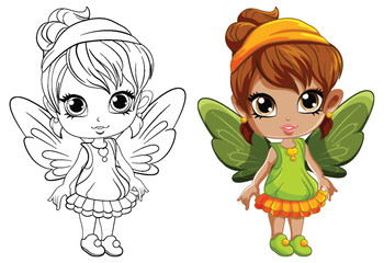 Cartoon fairy with wings and its doodle coloring character