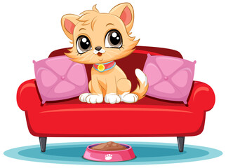 Fototapeta premium Cute Kitten on Sofa Cartoon